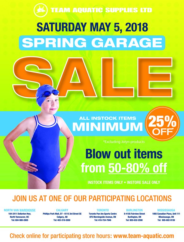 TeamAquatic's tweet photo. Save the date for our Spring Garage Sale on May 5th - our largest selection yet! https://t.co/yrbQfX2ADc