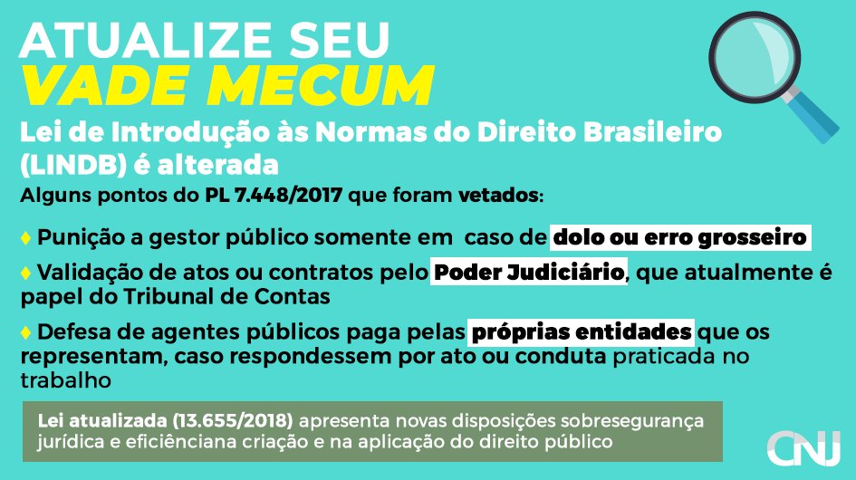 adairdasilva's tweet image. Retweeted CNJ (@CNJ_oficial):

Conheça o texto da Lei n. 13.655/2018, que entrou em vigor na última quarta-feira (25/4): bit.ly/LINDB2018 #LINDB