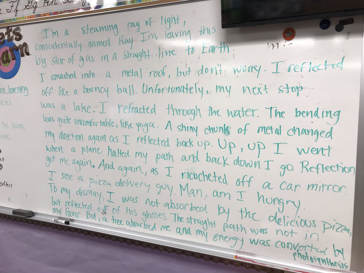davidson_briann's tweet photo. Personification and Science smashup: Share the pen as a class and write about the adventures of Ray, the light ray. He reflects! He refracts! He travels in a straight line! @PrairieViewES #sciencebootcamp #pveleads https://t.co/d83QdCmDYB