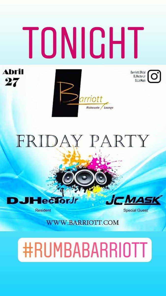 djhectorjr's tweet photo. Llegó el Friday Party de @Barriott con @Djjcmask ft. @DJHectorJr Con la mejor música en la rumba más exclusiva de Caracas. Just for you!!!. 

#Rumba #Barriott #RumbaBarriott #Disco #Club #Exclusivo #Caracas #Venezuela #Tonight #Friday #Party #Viernes #HOY #QueHayPaHoy #DJHectorJr https://t.co/Lguy02qk9x