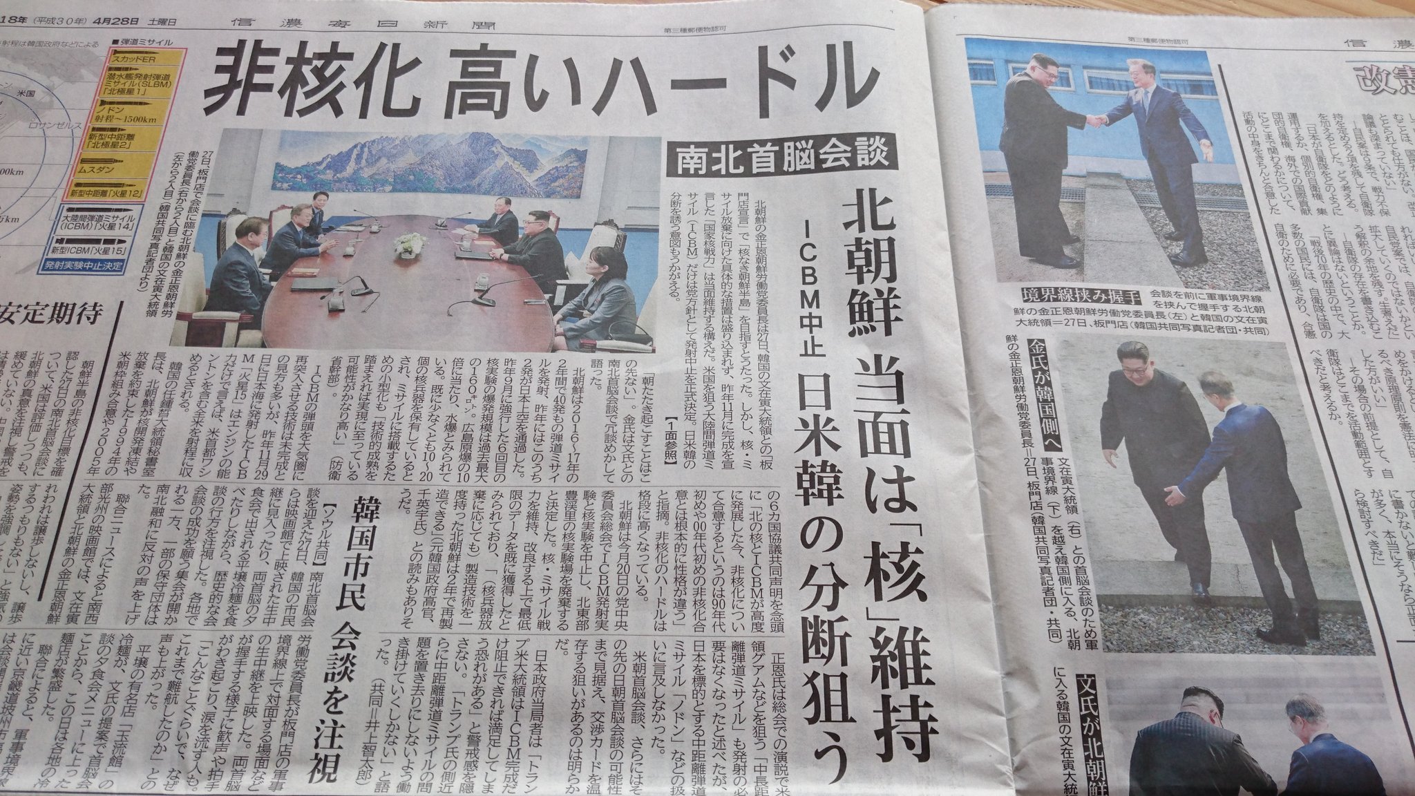 تويتر 山本宗補 على تويتر 今朝の信濃毎日新聞 完全な非核化 確認 トップ 核なき半島 駆け引き 非核化にどうつなげる 社説 非核化 高いハードル 国際 南北 歴史刻む一歩 社会面 一面トップから社会面まで特別紙面的扱い T