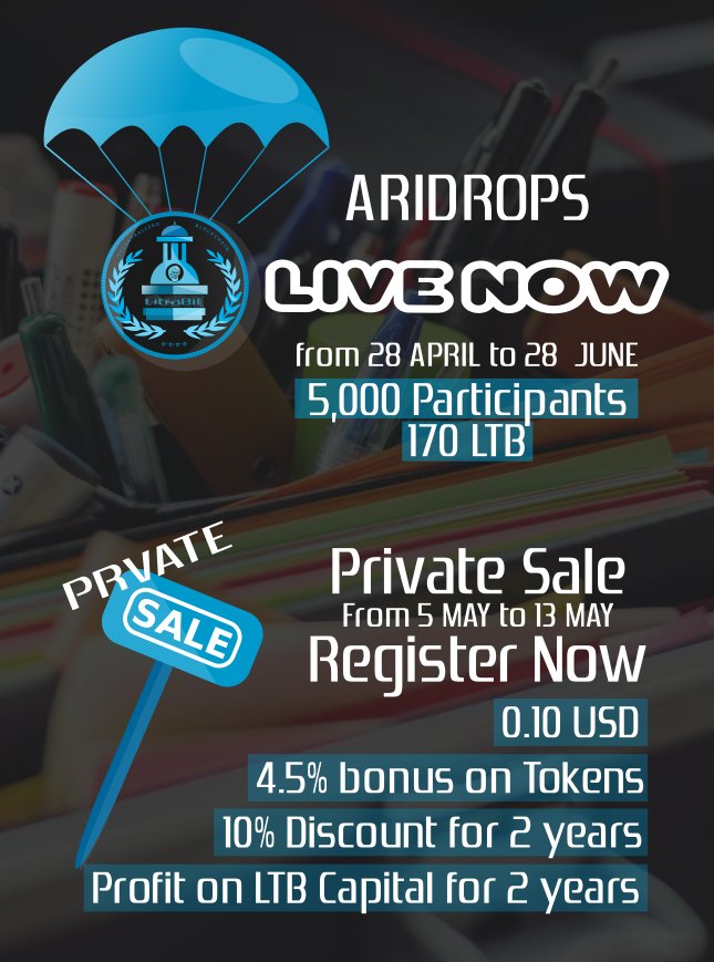 litrabit's tweet image. Our Airdrops are live Now: 5000 participants, 170 LTB
goo.gl/forms/YWNkoNA3… 
Register now For Private sale and get 4.5% bonus on the tokens you buy til 4 May goo.gl/forms/cmYMwtst… 
Get an 85.8% discount for the price of 0.10 USD / LTB
#Airdrop #ICO #PRIVATESALE #TRENDINGICO