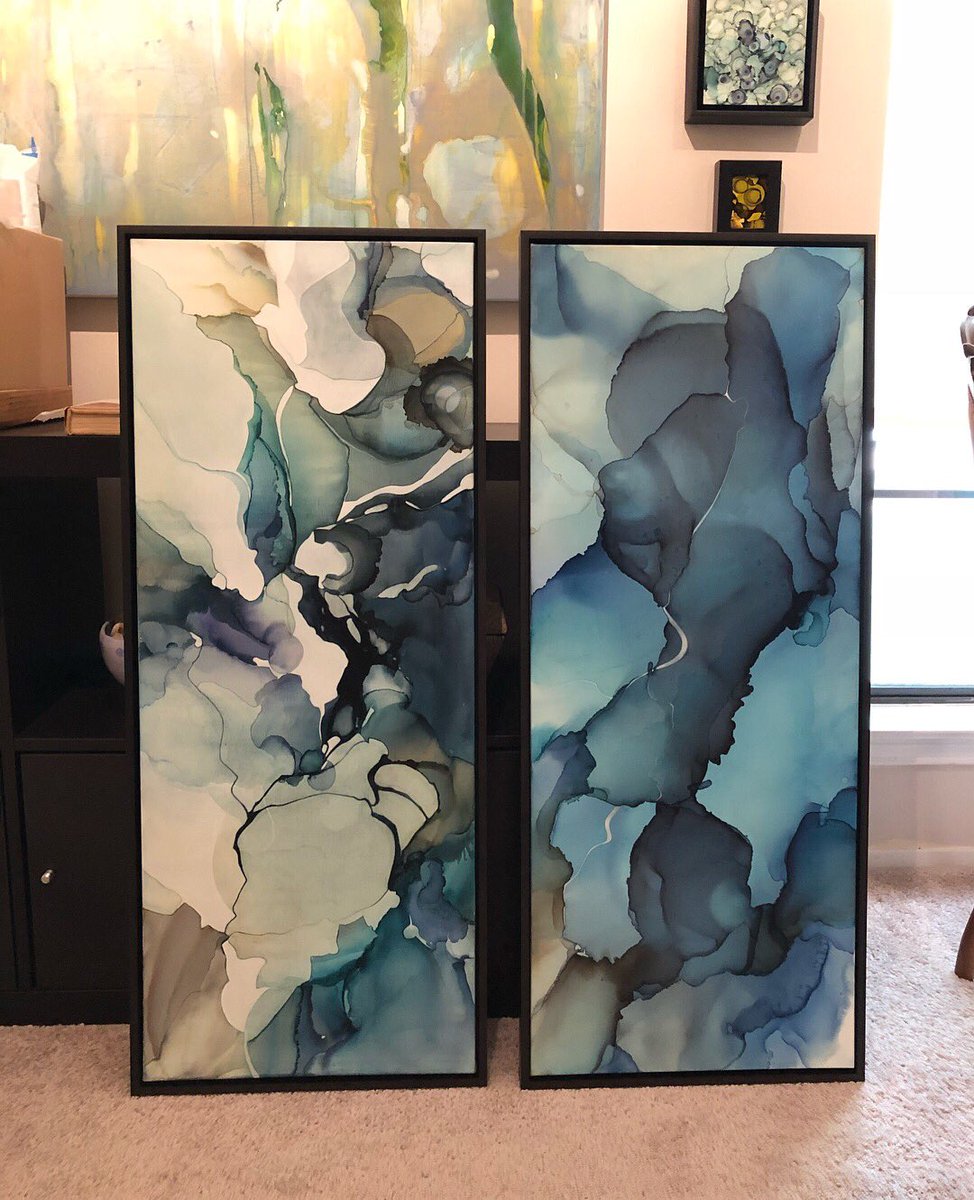 apramuk's tweet image. Two more pieces framed up for West Austin Studio Tour. I painted these for a narrow space in my entranceway. “Systems Glitch” on the left and “Hover the Line” on the right. Both are 40”x16”. #WEST346 #westaustinstudiotour #bigmedium #contemporaryart