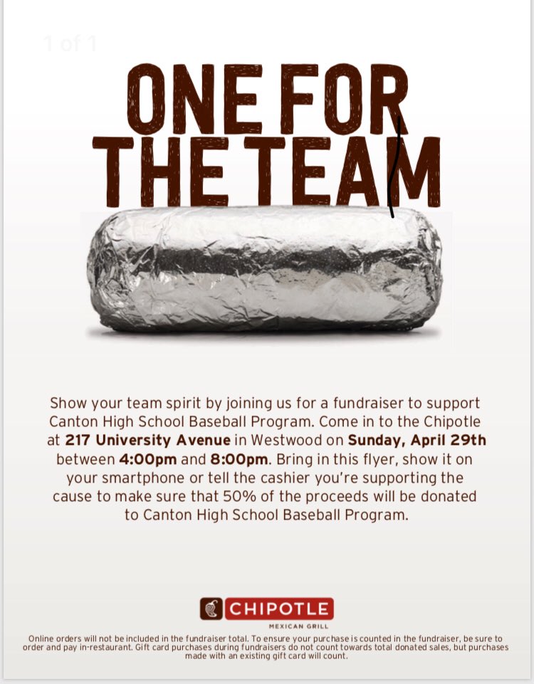 This Sunday from for 4-8 p.m. make sure to eat at the Chipotle in Westwood Station. Show the attached picture or tell the cashier your supporting CHS Baseball and 50% of the proceeds will be donated to our program. Thanks for your support!