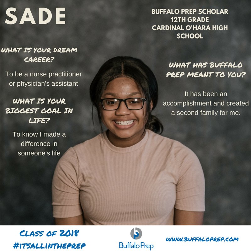 BuffaloPrep's tweet photo. Today we celebrate Sade, a senior @COHSTonawanda ! Sade has participated in Buffalo Prep since 6th grade! She plans to major in biology in college and then attend medical school! Go Sade!! #buffaloprep #itsallintheprep #thenandnow #scholarspotlight https://t.co/5ILegMc4Ua