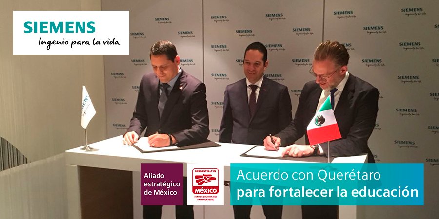 Siemens_Mexico's tweet photo. Comprometidos con México, firmamos durante #HannoverMesse un acuerdo con el @gobqro con el objetivo de impulsar la capacitación en #Digitalización e #Industria40 en el estado. Conoce más del acuerdo en: https://t.co/JJHTL4f3eW https://t.co/cAG5d20BBs