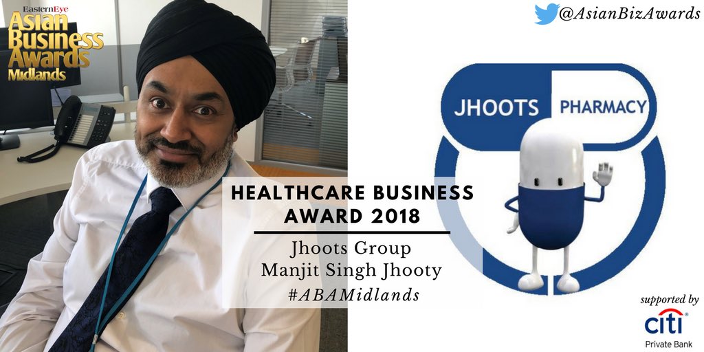 AsianBizAwards's tweet photo. Congratulations to @JhootsPharmacy, winner of the Healthcare Business Award 2018, sponsored by @Citi Private Bank.

CEO Manjit Jhooty has helped the family business grow at an astonishing rate, with 90 pharmacies that deliver the very best healthcare to patients. #ABAMidlands https://t.co/7sOYGgBLlS