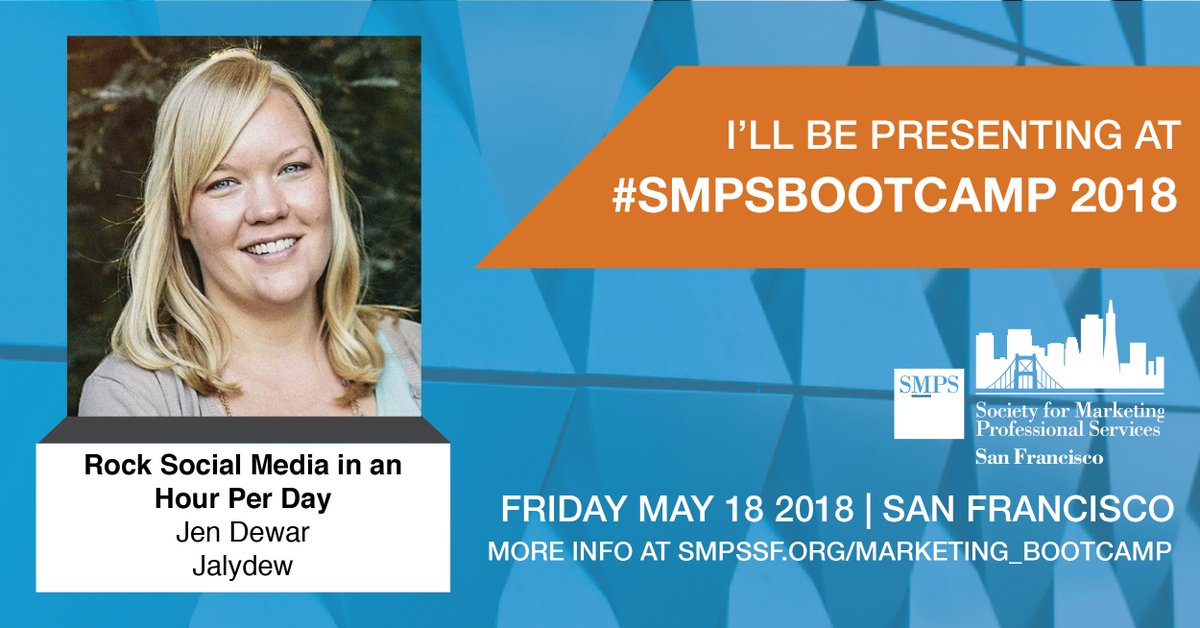 Join me at the <a href="/SMPS_SF/">SMPS San Francisco Bay Area Chapter</a> Marketing Bootcamps on May 18! I'll be sharing how you can rock #SocialMedia in an hour per day, or less. 

smpssf.org/meetinginfo.ph…