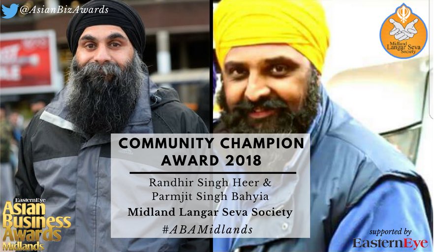 AsianBizAwards's tweet photo. Congratulations to Midland Langar Seva Society, winner of the Community Champion Award 2018. @MidlandLangar

Founders Randhir &amp; Parmjit have transformed the lives of over 2 million homeless people, providing around 5000 free meals each week to the homeless &amp; poor. #ABAMidlands https://t.co/6CJpyPwglu
