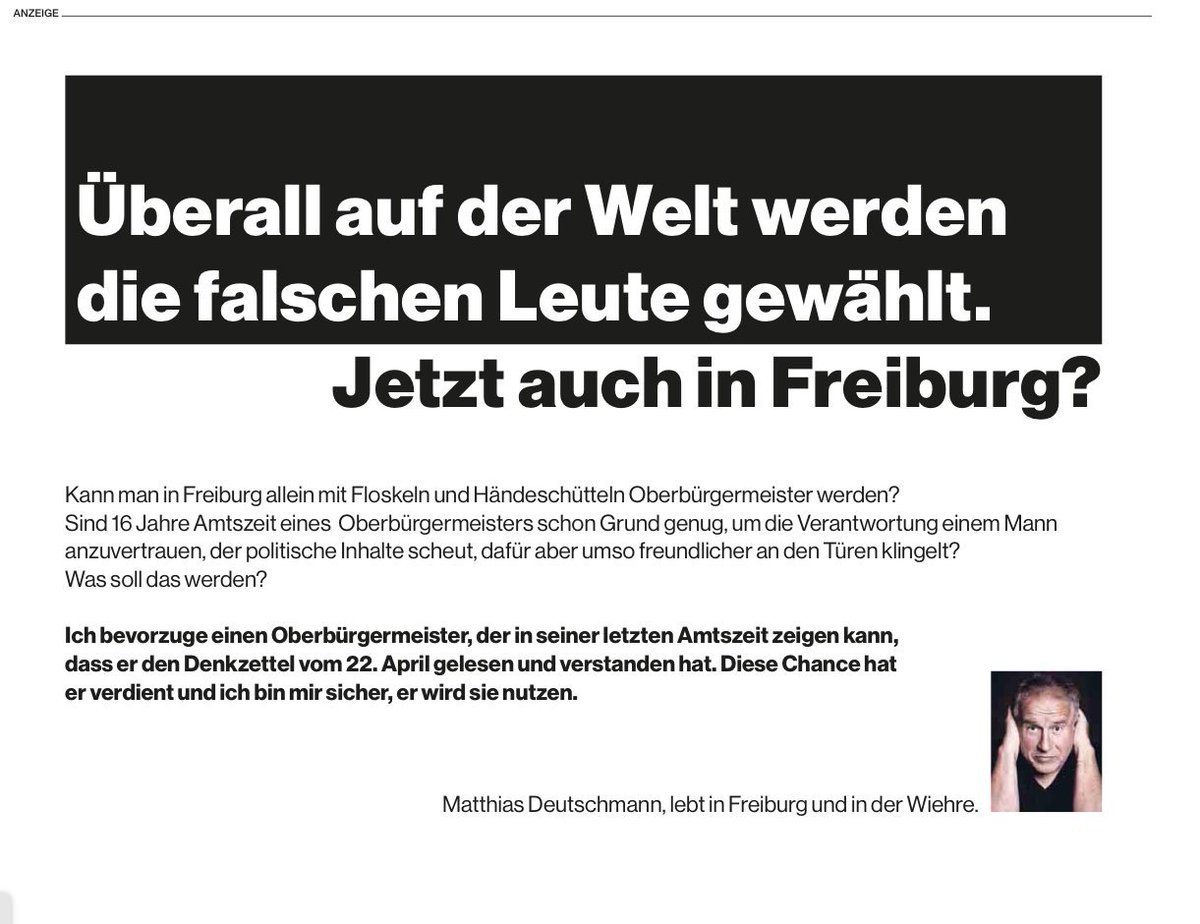 sbamueller's tweet photo. Matthias Deutschmann, Kabarettist und als solcher auch eher Meinungsstark hat eine ½ Seitige Anzeige für Dieter Salomon geschaltet. Das kennt man sonst ja nur von Wermter.
#obwahlfr #obwahlfrbg #obwahlfreiburg #dietersalomon #greencapital #deutschmann https://t.co/oqtCa69SSd