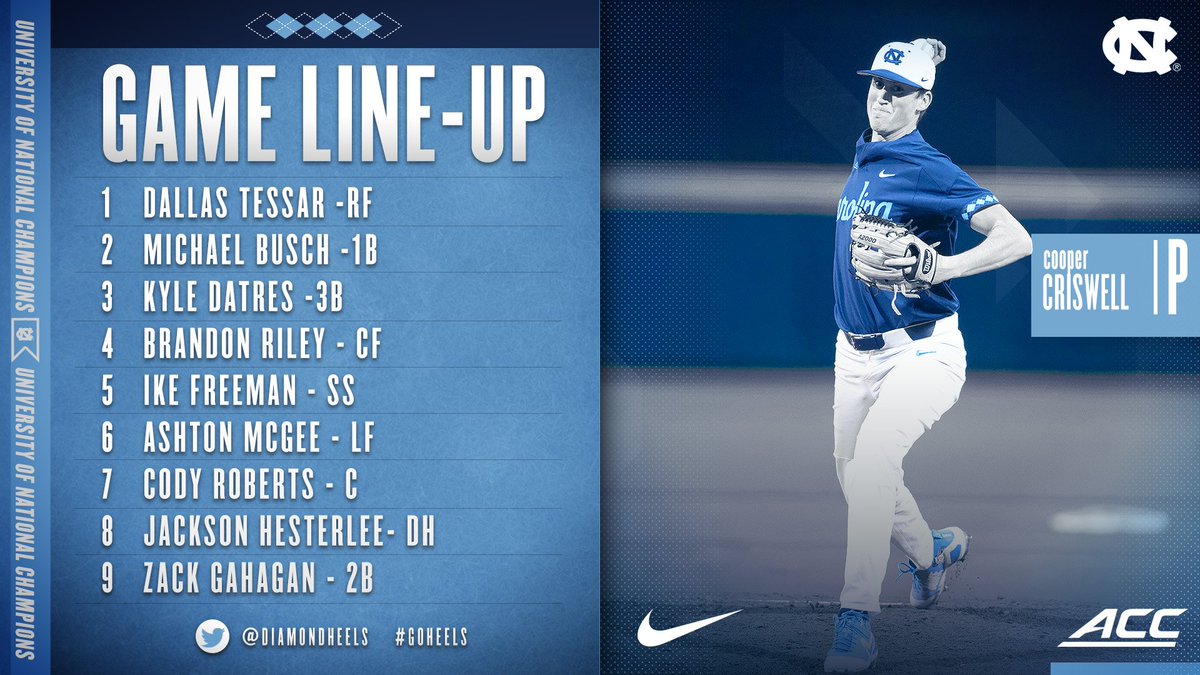 DiamondHeels's tweet photo. Here's your Diamond Heel starting lineup and links. First pitch set for 6:30 pm on ACC Network Extra.

Watch: https://t.co/NhvxCz49n4
Listen: https://t.co/JpTevumZXF
Live Stats: https://t.co/2DNdR8DIM5

#GoHeels https://t.co/ETNPESXC8v