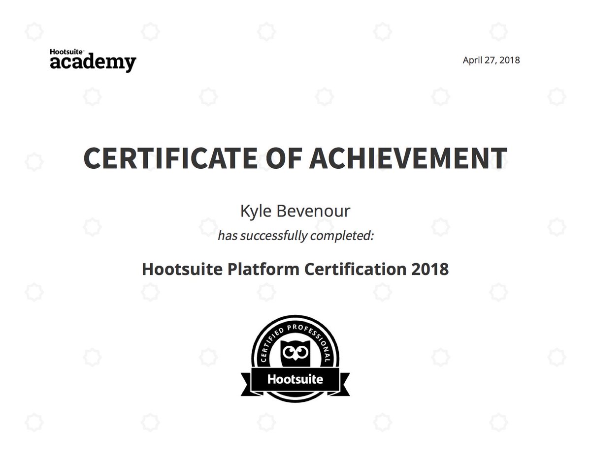 KyleMasc336's tweet photo. I just received my @hootsuite certification and cannot wait to use it to get a further understanding of social media! Thanks Hootsuite! #MASC336 #socialmedia #hootsuite https://t.co/EiviSy4YHh