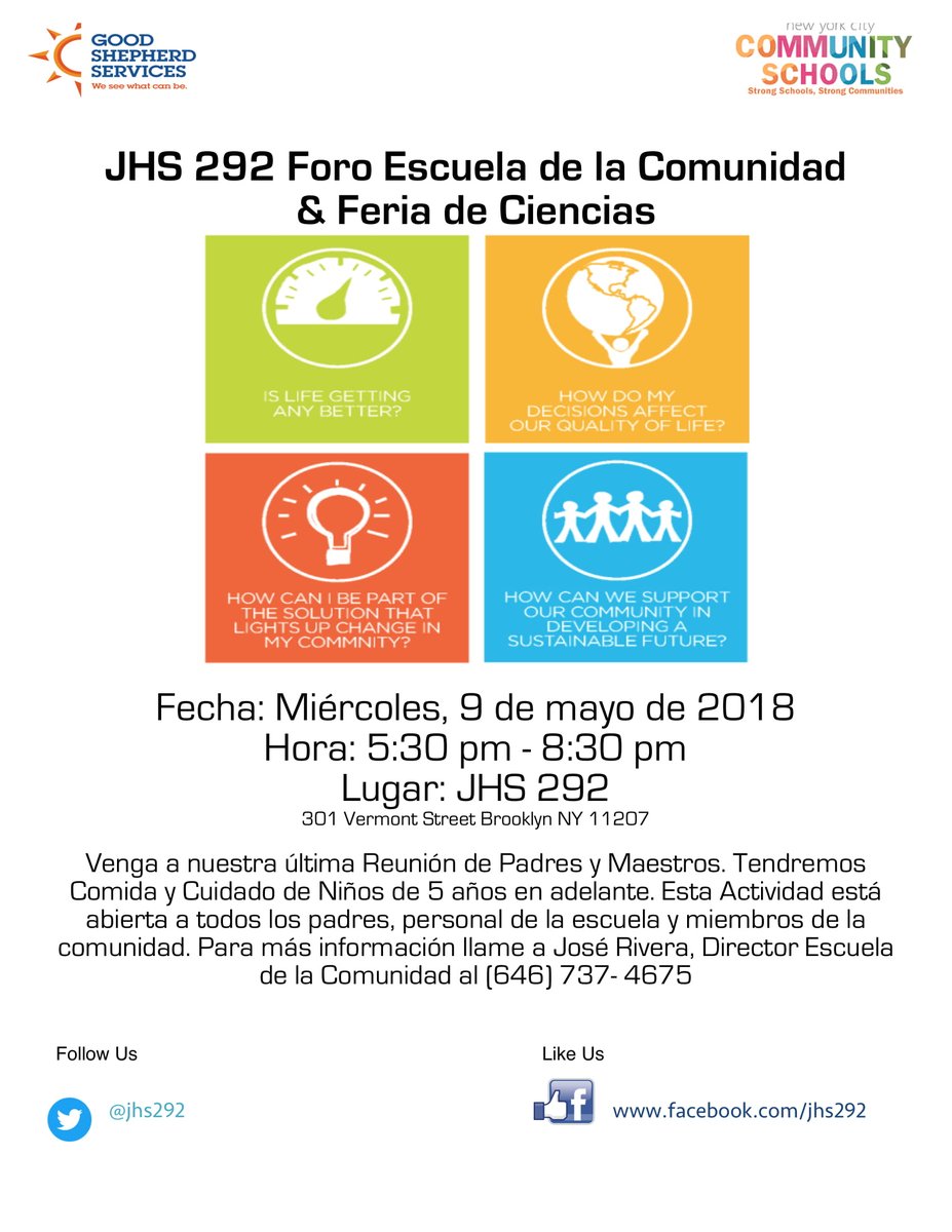 jhs292's tweet photo. SAVE THE DATE Please come join us for #CommunitySchoolForum on May 9, 2018 from 5:30 to 8:30 PM. #CommunitySchools Be part of the community that finds new ideas, provide suggestions and make a collective contribution to our school improvement goals for year 2018-2019 https://t.co/H9DNUrjNnl
