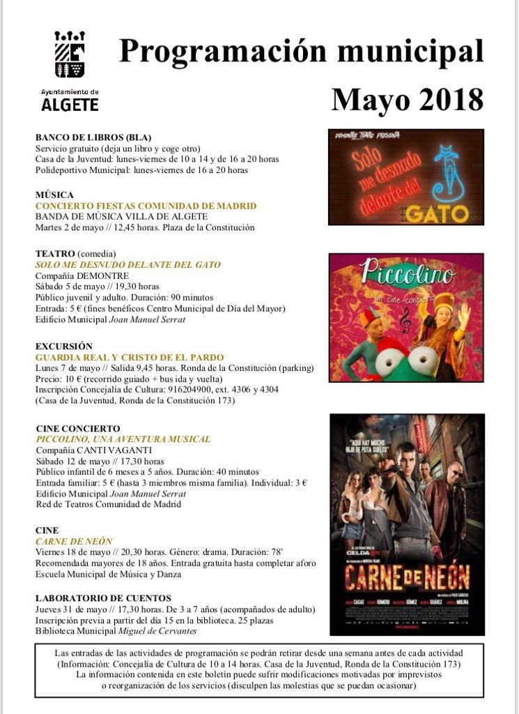 Aytodealgete's tweet photo. 📃🏘 PROGRAMACIÓN MUNICIPAL DE #MAYO #Algete https://t.co/fXff6Nnjx0