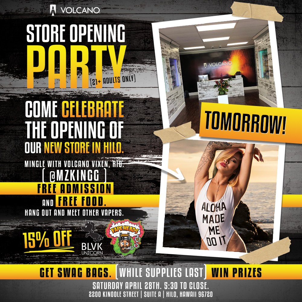 volcanoecigs's tweet photo. Big Island Vapers! Come celebrate our new Hilo store opening by partying with us tomorrow night at our new #vape shop. 🙌 More Info >> https://t.co/LDeIbcQZ4W
#vapevolcano #volcanoecigs
VOLCANO Hilo
Saturday, 4/28/2018
5:30PM - Close
21+ Only https://t.co/8F947YDEZs