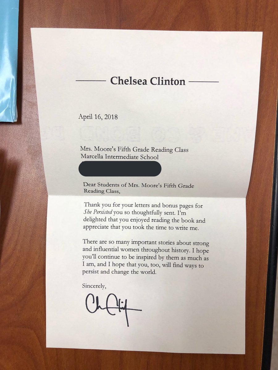 tnmoore520's tweet photo. Thank you @ChelseaClinton for the letter to my class of reading leaders!! We are over the moon ecstatic about it and honored that you signed our books, read our letters, and enjoyed our bonus pages! #ShePersisted #inspirestudents #empowerstudents #tcrwp #litingold @MarcellaInt https://t.co/bk8hfm1HFQ