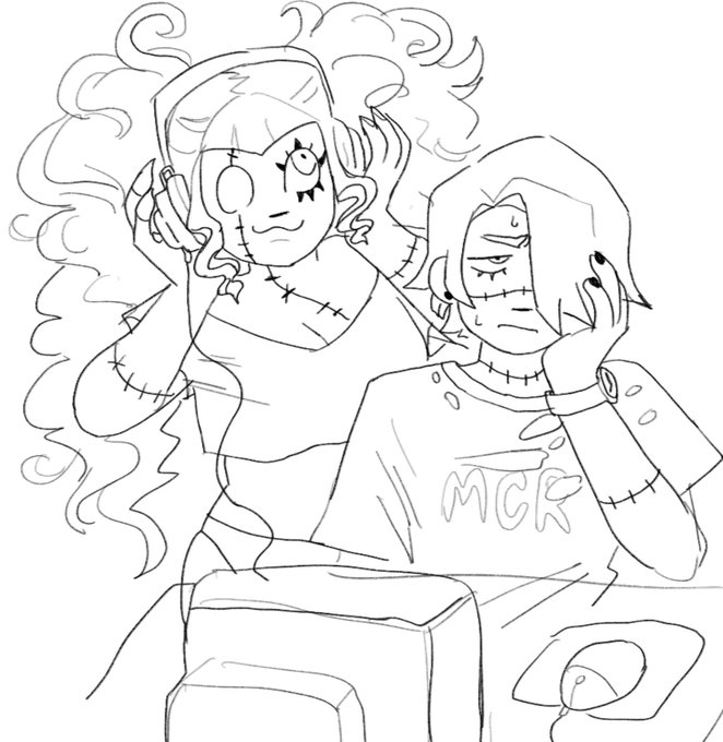 Goria interrupts Dante from playing minecraft on his 400 year old desktop because she wants to hear and insult his music taste . jpeg 
