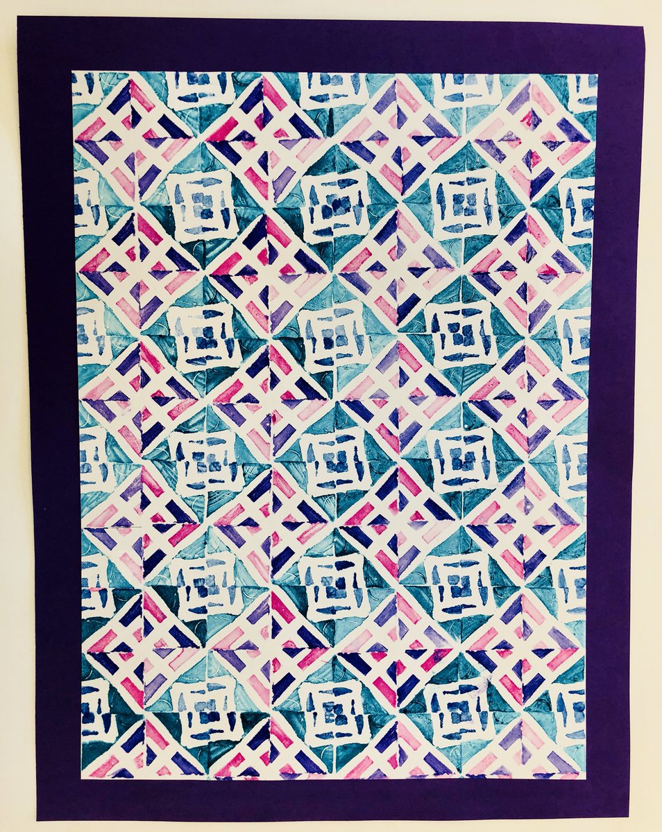 timberlane_art's tweet photo. 6th grade stamp patterns. They carved a 1” gum eraser, chose a color scheme, hand colored with Crayola markers and stamped a pattern. #aenj #theartofed #tmsrocks #design #middleschoolart #crayola https://t.co/LzqvscvLdF