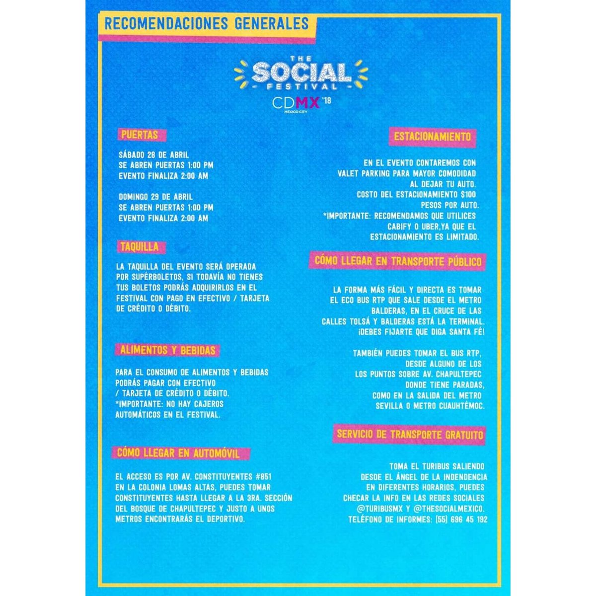 RHSWorld's tweet photo. ¡Disfruta al máximo The Social CDMX 2018!
Te compartimos las sugerencias generales del festival. 
Adquiere tu abono o boleto por día en @superboletosmx y puntos de venta autorizados.
#TheSocialFestival18isComing #TheSocialCDMX #TheSocialFestival
@promocionCDMX https://t.co/UqIFpBTKRM