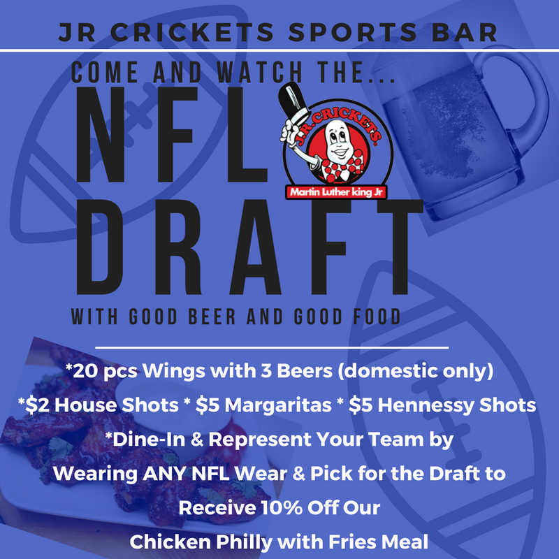 jrcmlk's tweet image. NFL Draft Picks TONIGHT  &amp;amp; SATURDAY! 

Join us for our Specials Every day during the NFL Draft Picks in our upstairs dining sports bar! 

FREE Parking after 7pm &amp;amp; FREE Parking in Walmart's lot across the street. 

#JrCricketsMLK 
#NFLDraftPicks 
#JrCricketsMLKWings
