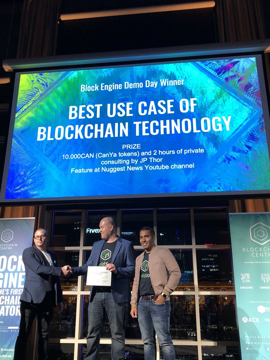 canyacoin's tweet image. Our own @KaiAnsaari here presenting 10,000CAN to the winning submission of the &apos;best use of blockchain technology&apos; category at the Blockchain Centre last week. The winning team #buildsort, will also receive two hours of consulting from our CEO @jpthor. Congratulations those men!