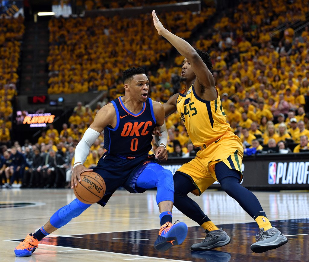 ESPNInsights's tweet photo. Donovan Mitchell had 22 points in the 3rd quarter. Russell Westbrook had 20. It's the only quarter in the last 20 postseasons where opposing players each had 20 points. https://t.co/QaRAkQE8VL