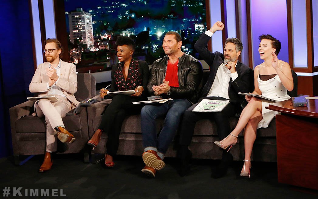 jimmykimmel's tweet photo. Own an original, signed character drawing from the stars of @Avengers #InfinityWar - Bid now at https://t.co/e9Wzppoh86 ALL PROCEEDS support The @StarlightUS Children's Foundation! @RobertDowneyJr @TomHolland1996 @ZoeSaldana @Paul_Bettany @PomKlementieff @MarkRuffalo @KarenGillan https://t.co/yrwpDdCt8B