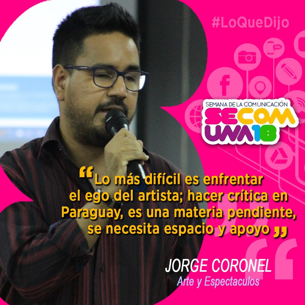 SECOMUNA's tweet photo. #LoQueNosDejó
"Lo más difícil es enfrentar el ego del artista; hacer crítica en Paraguay, es una materia pendiente, se necesita espacio y apoyo" @jorgecoronel
Arte y Espectáculos #SECOM2018 https://t.co/VLXRIyu75j