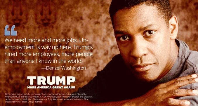 Chicago1Ray's tweet photo. Denzel Washington switches to #Trump shocks Hollywood speaks out against #Obamas policies (🕵)

" WE NEED MORE AND MORE JOBS UNEMPLOYMENT IS WAY UP HERE 

#TRUMPS HIRED MORE EMPLOYEES, MORE PEOPLE THAN ANYONE I KNOW IN THE WORLD 
#DenzelWashington 

RISING TIDE LIFTS ALL BOATS ✔ https://t.co/8TcaTzmTBD