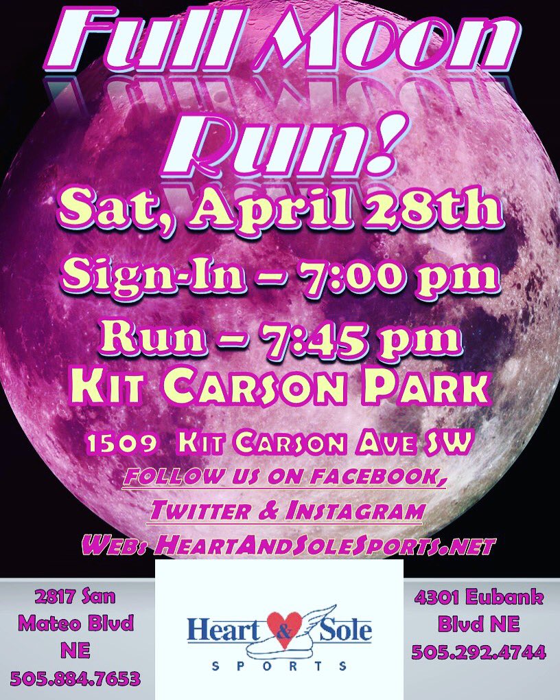 HeartNSoleABQ's tweet photo. Who’s coming tomorrow to our Full Moon Run?! 🌝 🏃‍♀️ 🏃🏻 make sure you bring you friends and family for a fun filled evening!! #heartnsolesportsabq #runNM #runalbuquerque #runABQ #runspecialty https://t.co/pIfmYoIuJ9