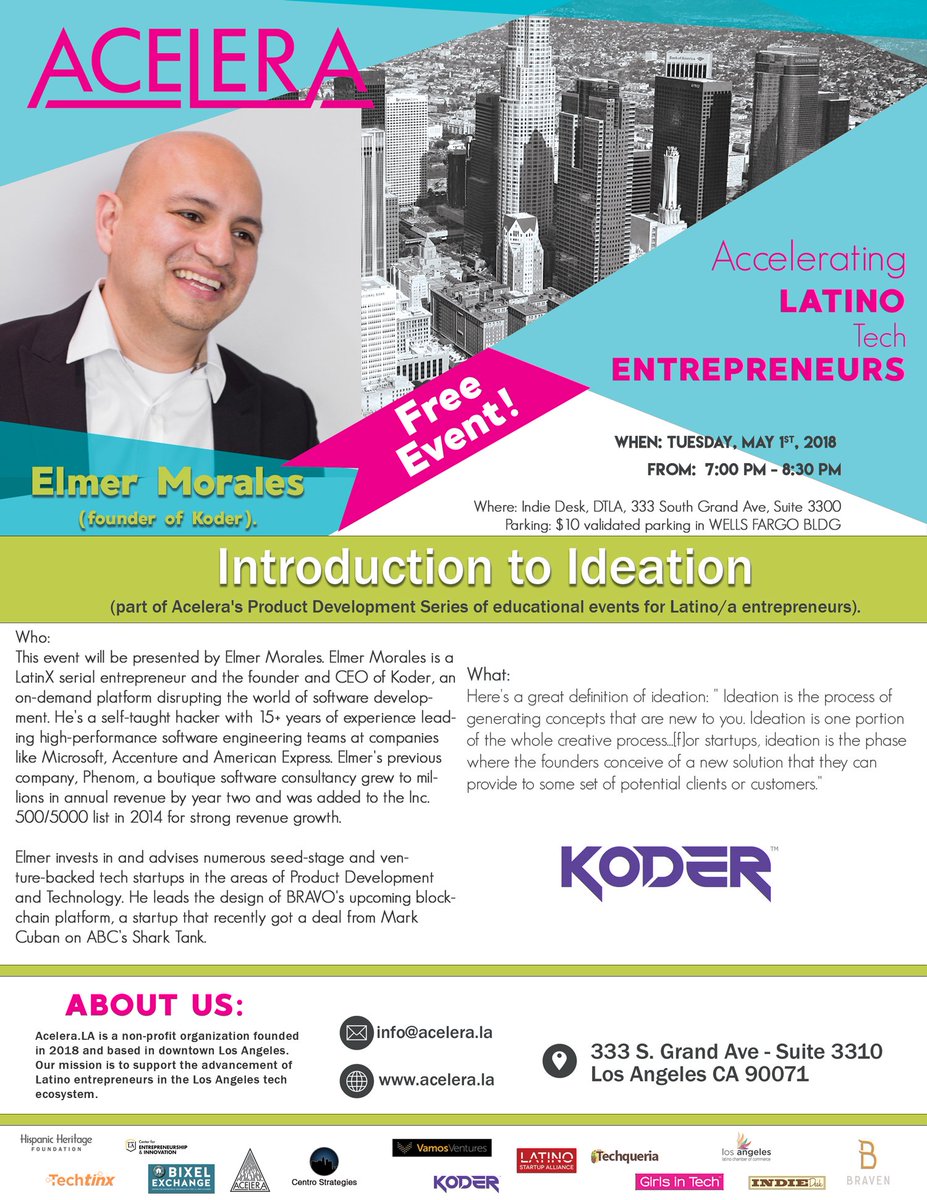 aceleraLA's tweet photo. Need help developing a tech startup idea? Come listen to a serial Latino tech entrepreneur, Elmer Morales, talk about idea! https://t.co/yYsmepanQX