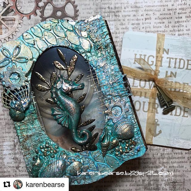 EileenHull's tweet photo. #Repost @karenbearse ・・・
Seahorse Trinket Box for a beach wedding using @eileenhull @sizzix #diecutting  the #alteredbox has journal cards to be filled out by guests with memories of the happy couple. Tutorial on blog. @primamarketinginc products by … https://t.co/iVzEPnBsqV https://t.co/SbIjcSBIMU