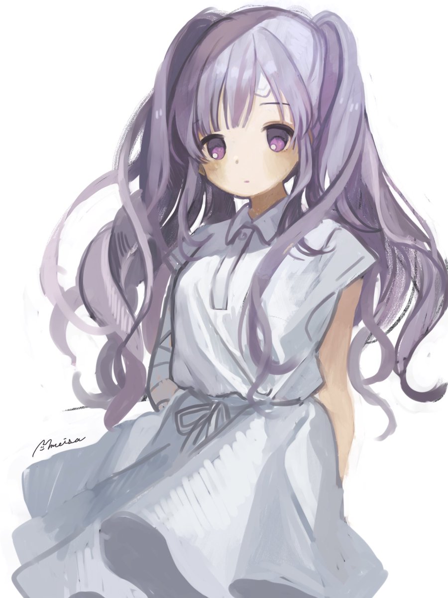 yukoku kiriko 1girl solo purple eyes dress white background twintails long hair  illustration images