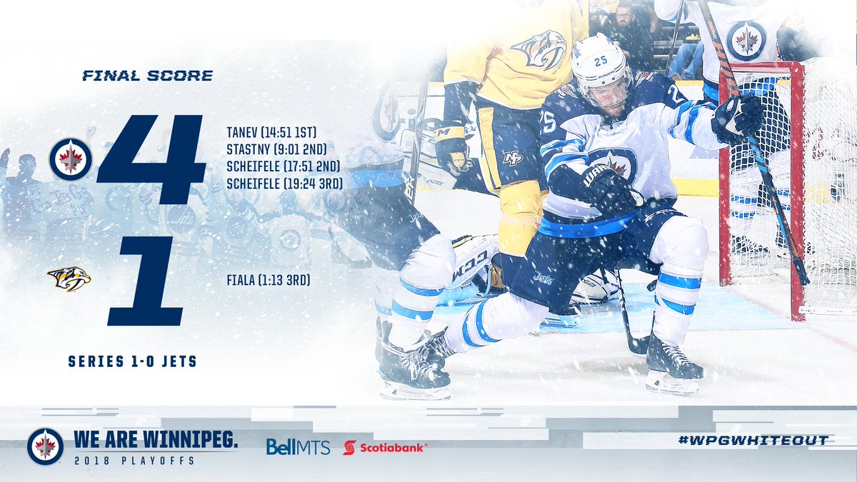 WE LIKE IT, WE LOVE IT, WE WANT SOME MORE OF IT!  

4-1 Win = 1-0 Series Lead.  😄

#WPGWhiteout #GoJetsGo #NSHvsWPG