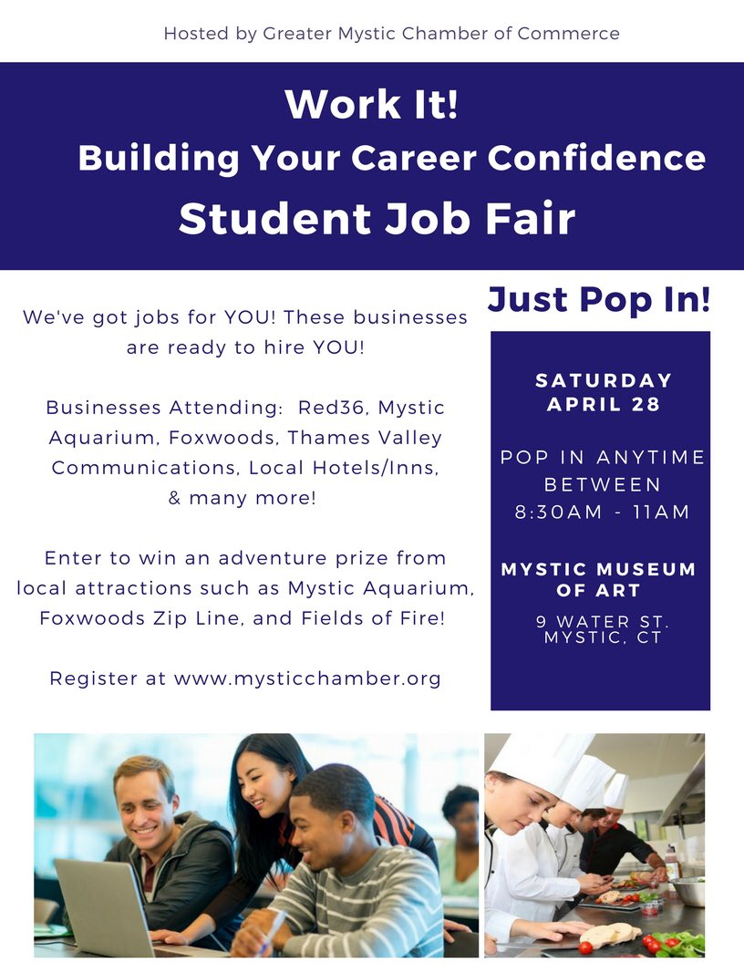 GrassoTech's tweet photo. Available to all Grasso students it’s not to late to attend 
Want to make some money? We have jobs for YOU! Pop in to the Student Job Fair this Saturday anytime between 8:30am – 11am at Mystic Museum of Art. Prizes, snacks &amp; more! # grassotech https://t.co/9HzMVfrWZp