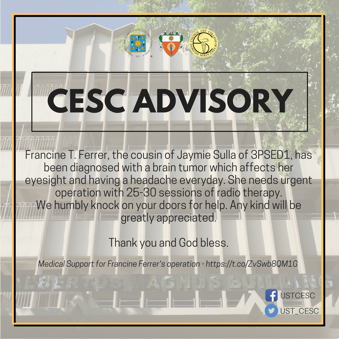 UST_CESC's tweet photo. Francine T. Ferrer, cousin of Jaymie Sulla of 3PSPED1, has been diagnosed with a brain tumor and needs urgent operation.
We humbly knock on your doors for help. Any kind will be greatly appreciated.
Thank you and God bless!
gogetfunding link - https://t.co/oZPvH3Bcu3
#OneCESC https://t.co/tCBqbv9DBc