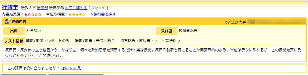 Tk きまぐれ 匿名の大学授業評価掲示板ではありますが そのため正確性に関しての保障はありません 下記のように書かれるのはやはり大学教育として大問題だとは思います 法政大学山口二郎教授 Rakutenみんなのキャンパスより