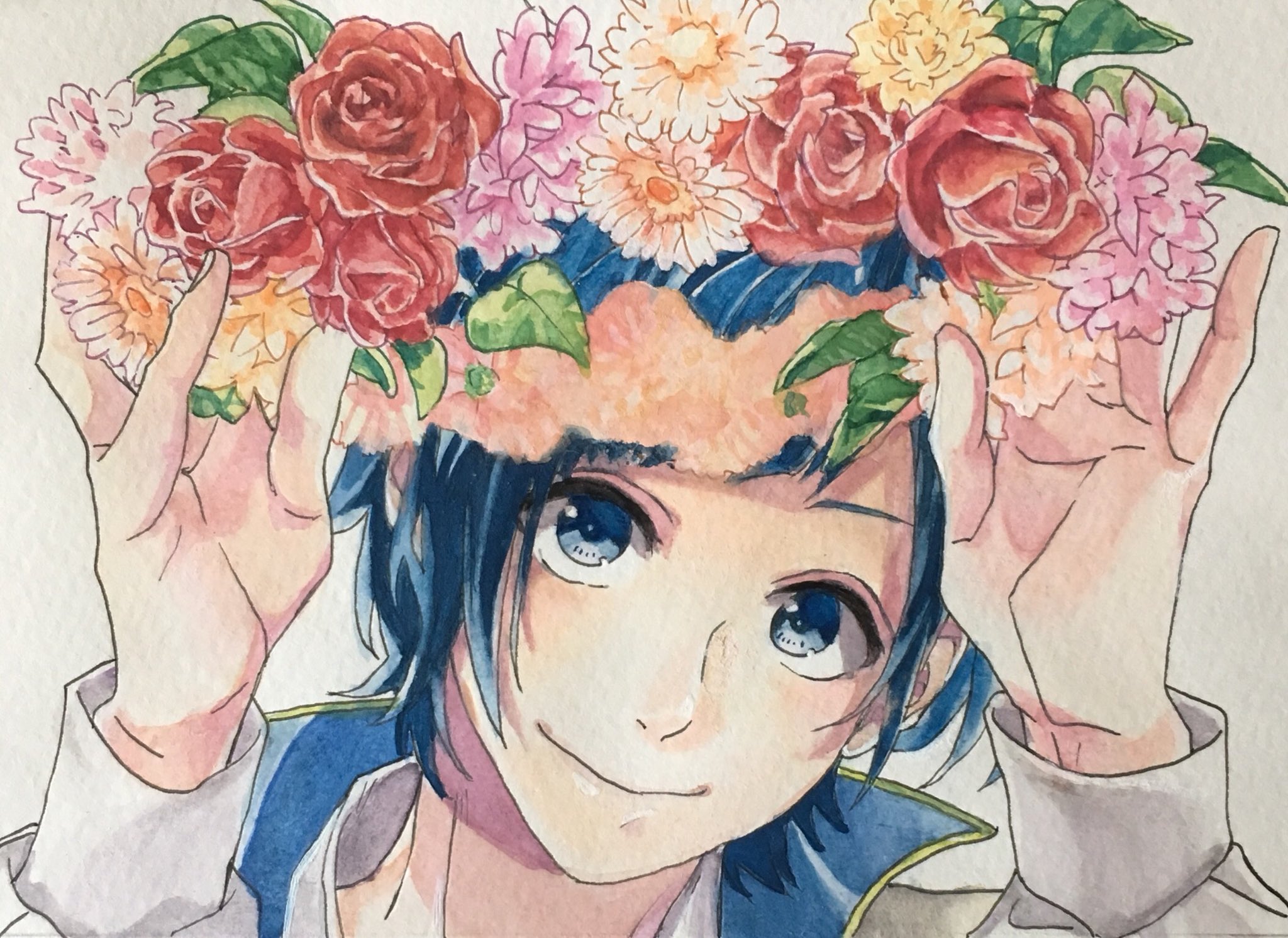 ハロー ノ 勇次郎 アナログ 水彩 水彩画 男の子 Honeyworks 模写 背景なしバージョンですᐠ ᐢ ᵕ ᐢ ᐟ お花描くのが大変でした W T Co Opa7zoomdd Twitter