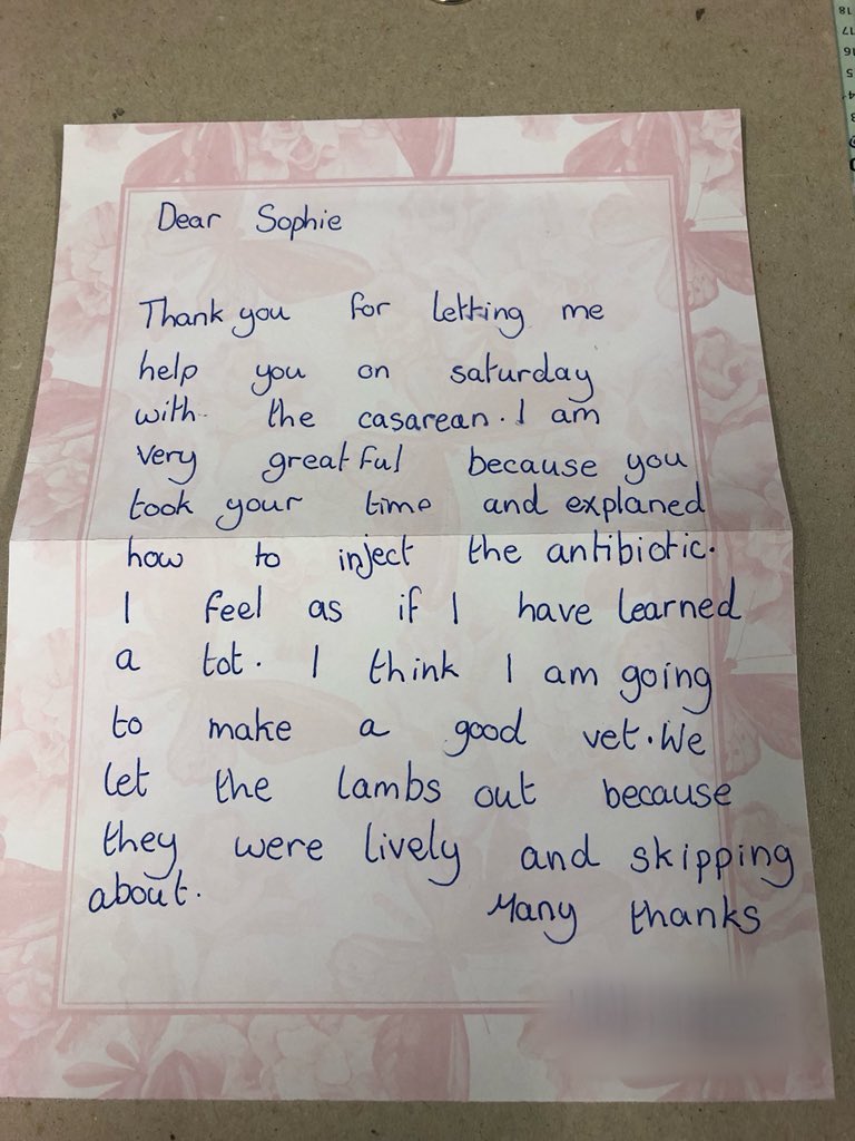MeadowsFarmVets's tweet photo. Being a farm vet can be emotional and tiring especially in the cold wet winter weather of “Spring 2018”. Letters like this really brighten up our day (and give us hope that we are encouraging the next generation of vets to pursue their dreams!)

#WorldVeterinaryDay #teamvet https://t.co/NQ4vySBT2U