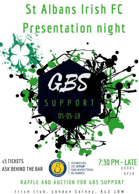 St_Albans_Irish's tweet photo. One week to go until our charity night raising money for @GBSSupport on the 5th May. Come down and support this fantastic charity @StColmcillesGAC @Blacksmiths2013 @thejacksfc @RoystonRangers @IrishClubStAlbn @CHFCsundays @bwsc_fc @fc_w89 @HTFCr 🙌🏻 https://t.co/QY4vVtztFN