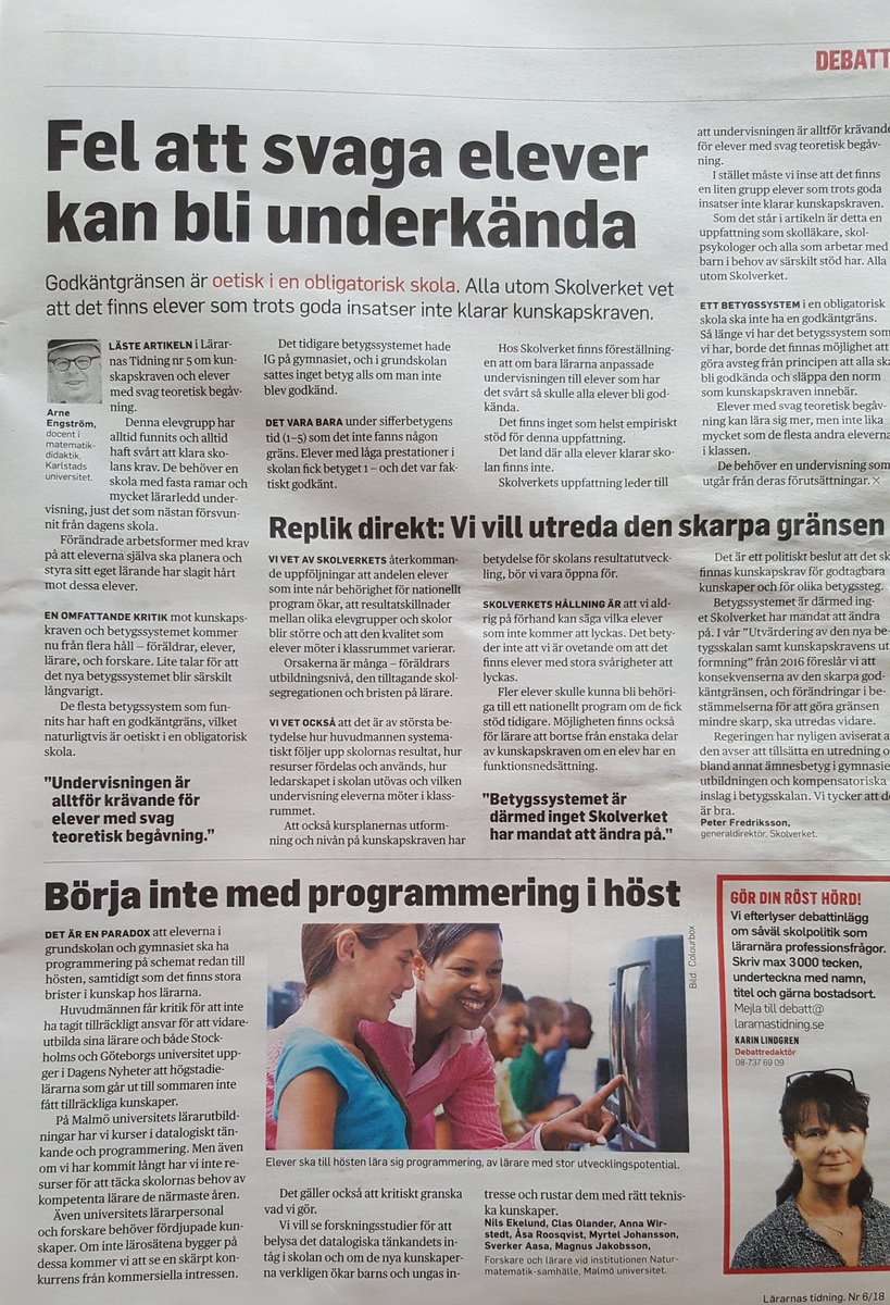 peterhayrinen's tweet image. Idel intressanta debattämnen i @lararnastidning nr 6.
#programmeringiskolan #föräldramakt #godkäntgränsen #bemanningsföretag