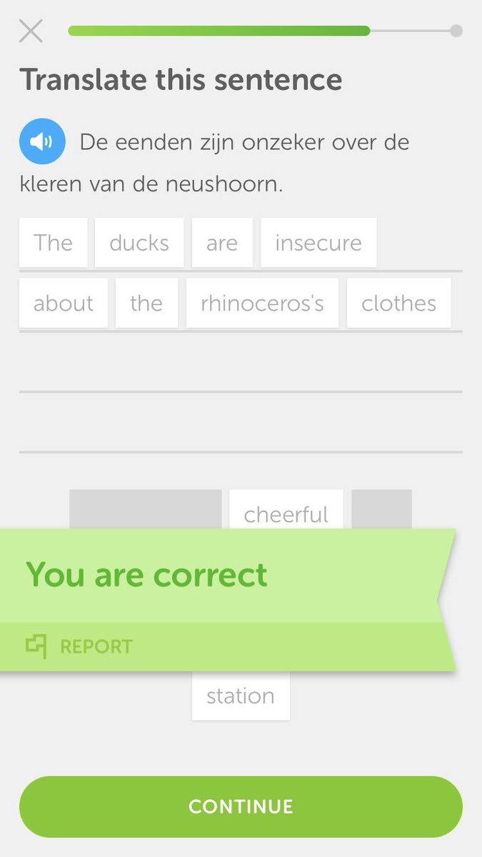 nickya73's tweet photo. Well naturally the ducks are insecure about the rhinoceros’s clothes. Why wouldn’t they be? @duolingo #duolingo #learningdutch #driezesvijf https://t.co/JWFwYuIQej
