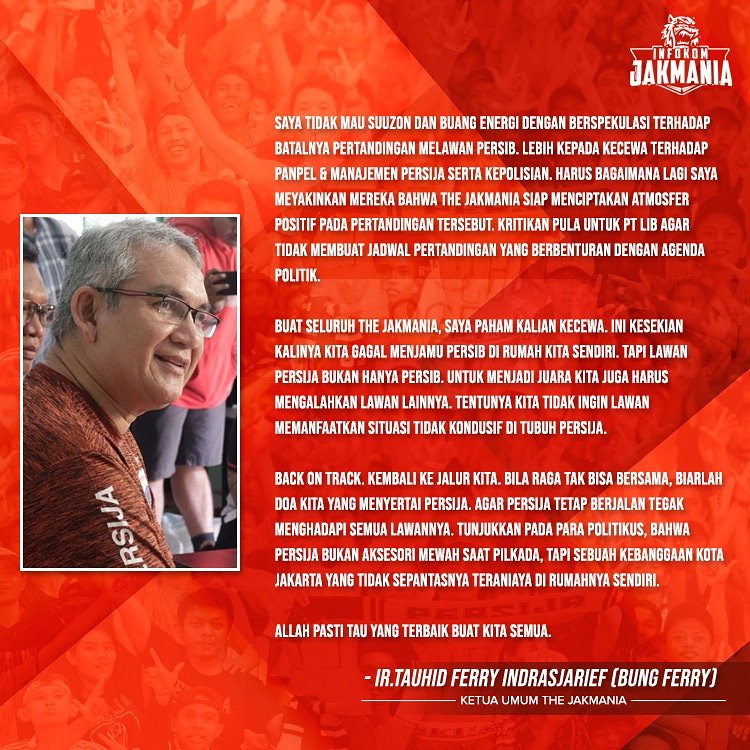InfokomJakmania's tweet photo. Pernyataan resmi dari Ketua Umum Jakmania mengenai mundurnya jadwal Persija Jakarta kontra Persib Bandung. https://t.co/5x7FQq5kn1