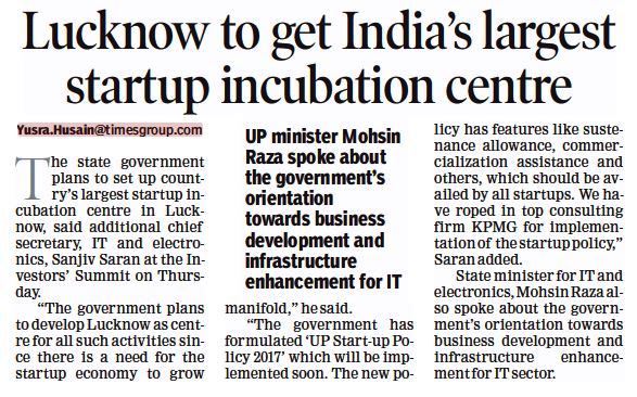 #Lucknow to get #India's largest #startup incubation centre!

#InformationTechnologyForum #InformationTechnology #Startups #UttarPradesh #Incubator #EntrepreneurshipStartup #Entrepreneurship #Entrepreneur #AIMA #STPI #NASSCOM #StartupPolicy #ITPolicy