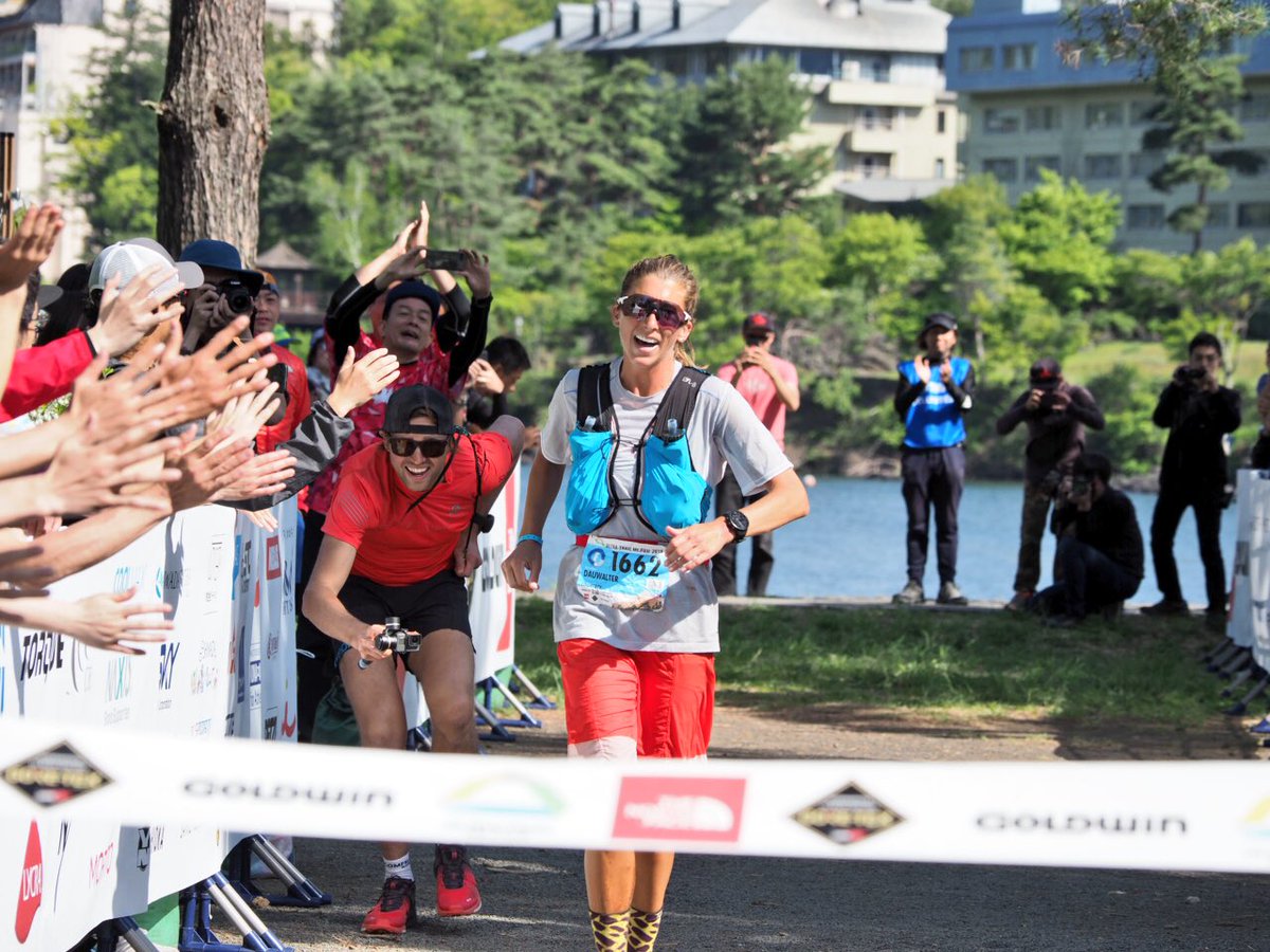 Dogsorcaravan's tweet photo. Finish: Courtney Dauwalter (@SalomonRunning ) is the winner of women’s race of 2018 #UTMF @UTMtFUJI in 23:57:48. She is 16th overall. @ultratrailwtour https://t.co/BBZ4bi3MVv