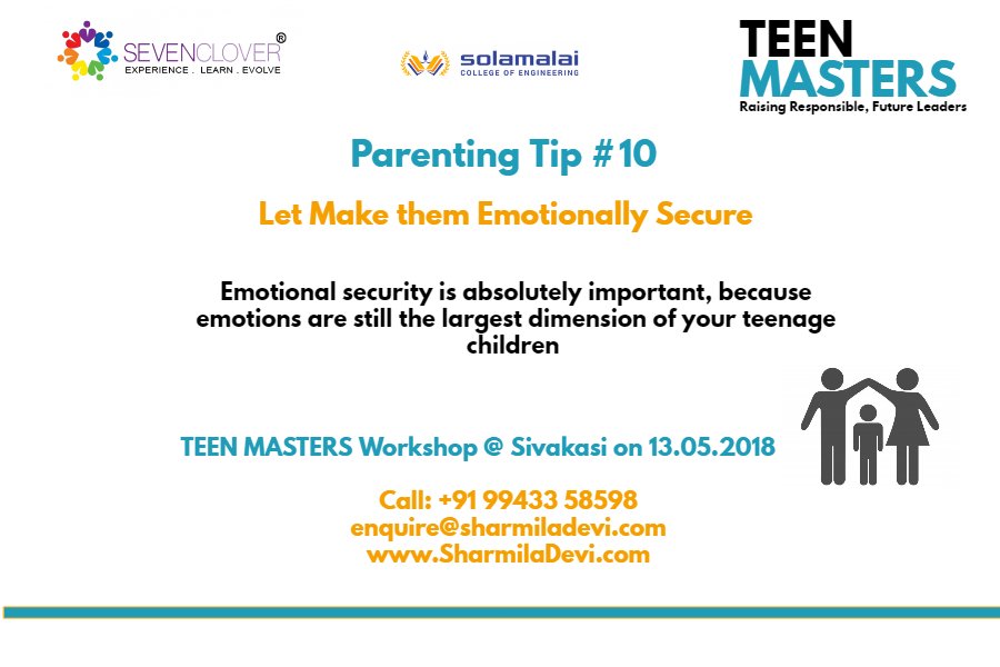 NLP_SevenClover's tweet photo. #TEENMASTERS
#ParentingTip
#EmotionallySecure
Emotional security is absolutely important, because emotions r still the largest dimension of your #TeenageChildren
#NLP #SevenClover #Leadership #Excellence #SelfMastery #Reborn #RasingResponsible #FutureLeaders #Workshop #Sivakasi https://t.co/NhgWZSueyR