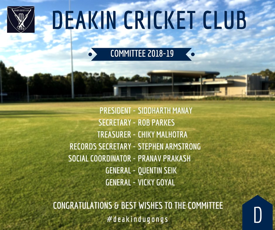 DCC_Dugongs's tweet photo. Welcome our new committee appointed earlier today at DCC AGM 2018, with a big thanks to all the outgoing committee members for their hard work and dedication over the years #deakincc #newcommittee #deakinagm #welcome #season2018 #deakindugongs #deakincricketclub https://t.co/wGFX1VVAt2