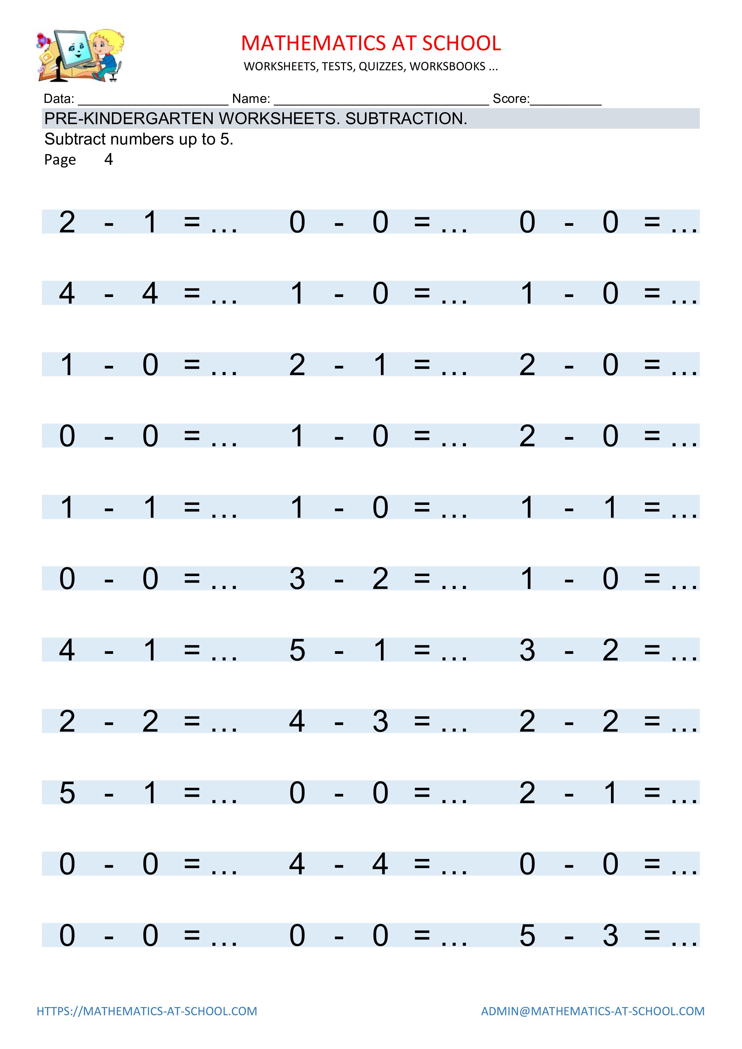 Mathematics School On Twitter: "Pre-Kindergarten Worksheets: Numbers Subtraction. Free Printable Pdf Subtract Numbers Up To 5. Worksheets With Answers. Https://T.co/G8Qiiuszja #Pre-K #Prekindergarten #Math #Worksheets #Subtraction #Subtracting ...