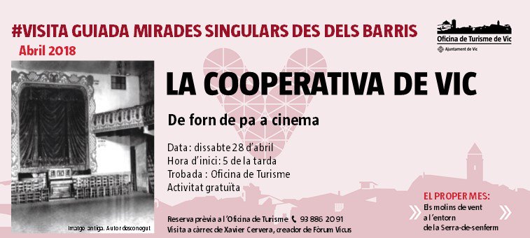 📢 Avui tenim #VisitaGuiadaMiradesSingularsdesdelsbarris a la Cooperativa de Vic: de forn de pa a cinema. 
👆Queden poques places! Feu reserva a 📞93 8862091 👉victurisme.cat