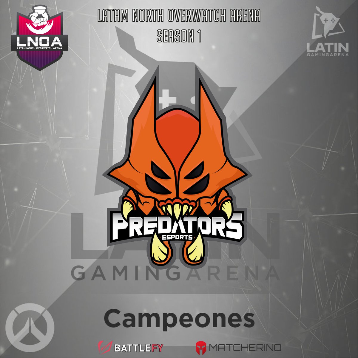 LGAplay's tweet photo. ¡Habemus Campeon!
@PredatorsEsport se lleva la Corona en la Season 1 de la #LatamNOA y cierra su torneo de manera perfecta!
un gran #GG para #SelectedVI
¡Felicidades a los campeones!
#Sponsors: @Lolirotve @HeroesEnLinea @OverwatchMXMX @54Grades @matcherino_ @Battlefy https://t.co/CEKj5cjWB8